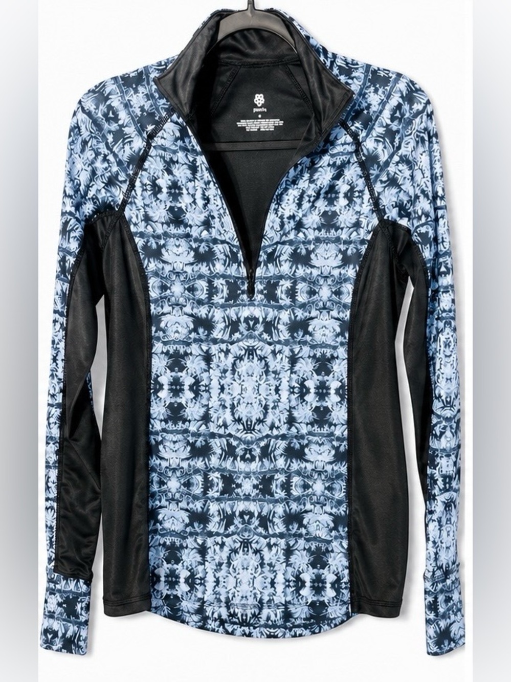 Peach Size S Quarter Zip Athletic Pullover Blue Black Print Thumbhole Active Top